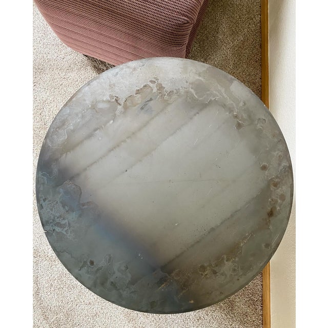 Industrial Moroccan Side Table With Round Raw Steel Top + Weathered Folding Base For Sale - Image 14 of 16