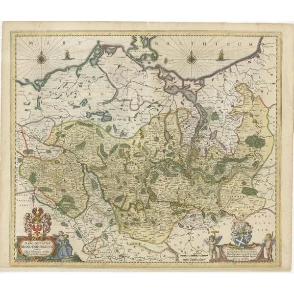Antique map titled 'Marchionatus Brandenburgicus'. Original antique map of Brandenburg, with Königsberg and Stettin,...