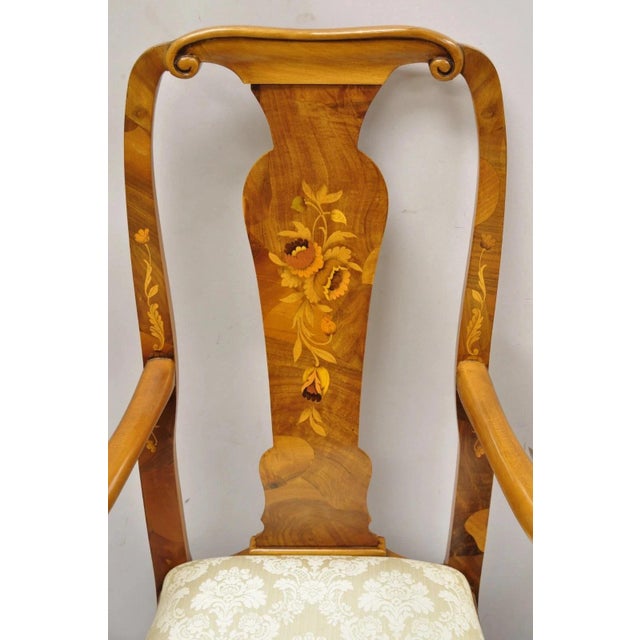 Queen Anne Vintage Queen Anne Style Italian Burl Wood Marquetry Inlay Arm Chairs - A Pair For Sale - Image 3 of 12