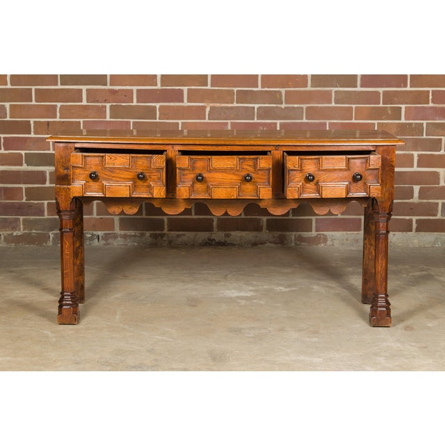 English English Oak 19th Century Geometric Front Dresser Base with Three Drawers For Sale - Image 3 of 12