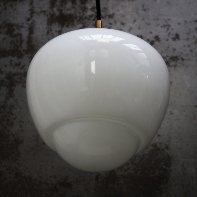 Metal Vintage Industrial White Opaline Glass Pendant Light For Sale - Image 7 of 8