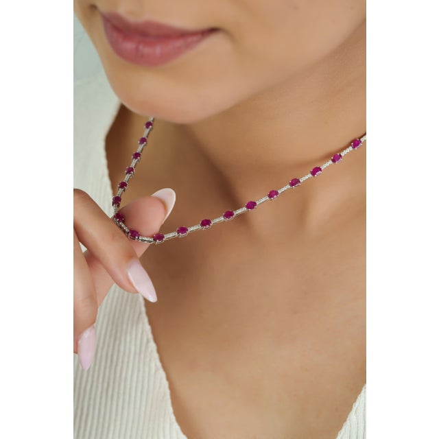 Art Deco Natural 8.90ct Ruby & 1.24ct Diamond Riviera Tennis Necklace in 14k White Gold For Sale - Image 3 of 17