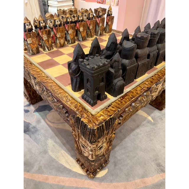 Folk Art Vintage Mid-Century Carved Chess Board Coffee Table With Chess Pieces For Sale - Image 3 of 16