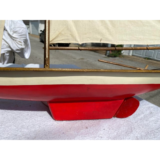 Traditional Late 20th Century Decorative Wood Red and White Model Sailboat For Sale - Image 3 of 10