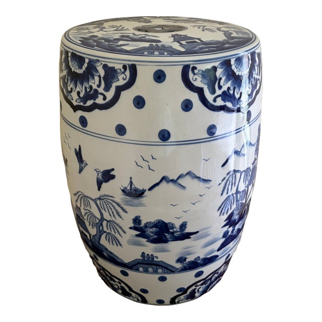 Late 20th Century Blue and White Porcelain Chinoiserie Chinese Garden Stool or Side Table For Sale