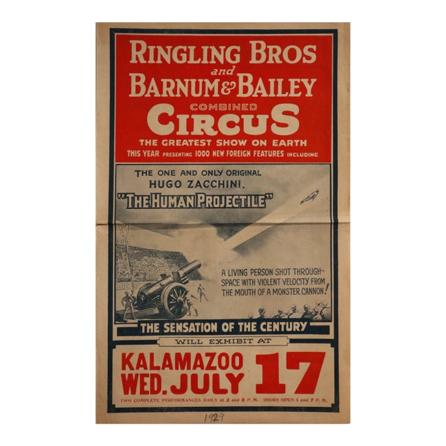 1929 American Circus Advertisement, Ringling Bros, Barnum Bailey Circus Courriers - The Human Projectile For Sale