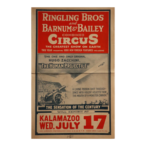 1929 American Circus Advertisement, Ringling Bros, Barnum Bailey Circus Courriers - The Human Projectile