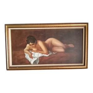 Early 20th Century Young Girl Reclining, Reading in the Nude Original Painting, Framed