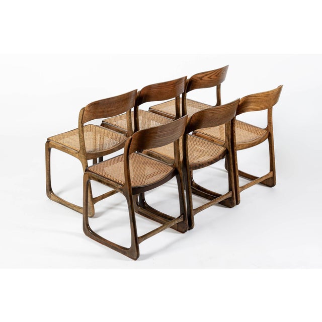 Mid Century Modern French Wood & Cane Wicker Chairs by Baumann For Sale - Image 4 of 13