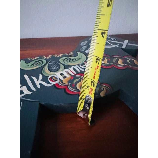 Swedish 1990’s Hand Painted Wood Dala Horse “welcome” Valkommen Sign For Sale - Image 9 of 11