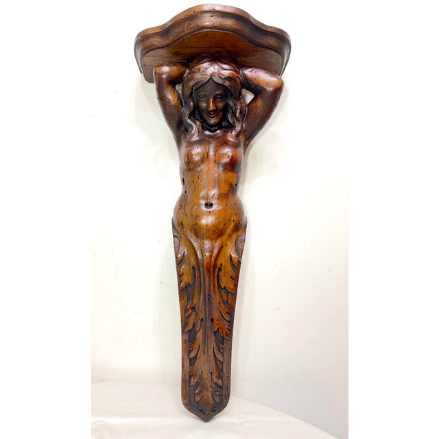 Figurative Huge Antique Hand Carved Wood Oak Figural Nude Lady Woman Wall Shelf Sculpture For Sale - Image 3 of 16