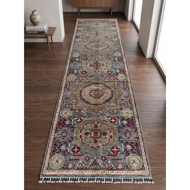 Mamluk Runner Rug, Hand-Knotted Wool, Medallion, 3x12, Teal & Gold For Sale - Image 12 of 12