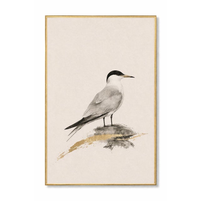 A refined coastal tern study rendered in soft neutral tones with delicate watercolor layering and subtle gold accents. The...