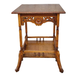 19th Century Victorian Tiger Oak Side Table - American Carved Lamp Table