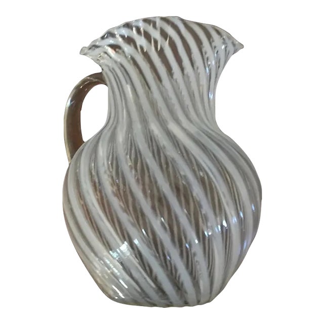 Antique 19th Century American Opalescent White Swirl Glass Pitcher With Ruffled Rim For Sale