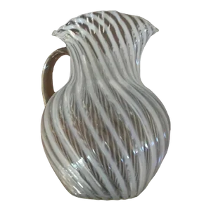 Antique 19th Century American Opalescent White Swirl Glass Pitcher With Ruffled Rim