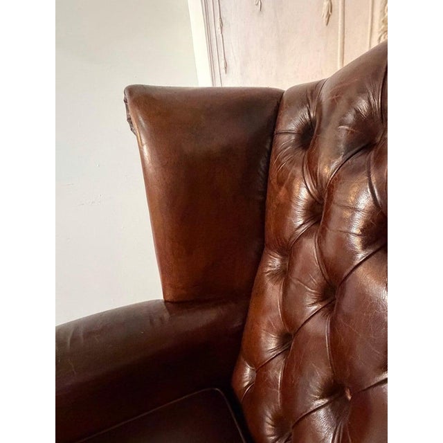 Wood Pair of Vintage English Tufted Leather Wingback Armchairs For Sale - Image 7 of 15