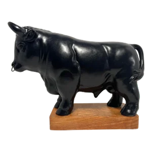 Vintage Ceramic Black Bull Figurine With Wooden Base