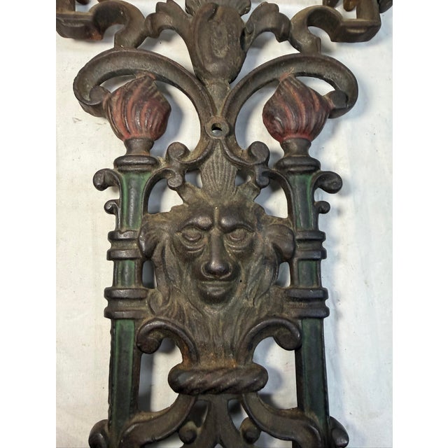 Victorian Antique Ornate 1800's Victorian Cast Iron Lion Head Cold Painted Table Bench Leg For Sale - Image 3 of 9
