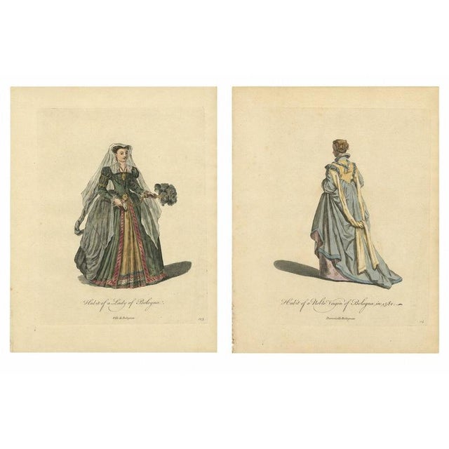European School, Bologna Renaissance Costume Fashion Pair, 1749, Paper Engraving For Sale - Image 9 of 9