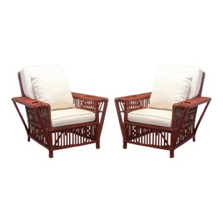 Pair of Vintage Palecek President's Chairs Red Rattan White Cushion Patio Chairs For Sale
