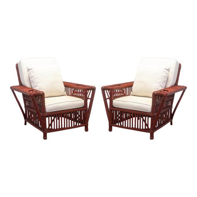 Pair of Vintage Palecek President's Chairs Red Rattan White Cushion Patio Chairs For Sale