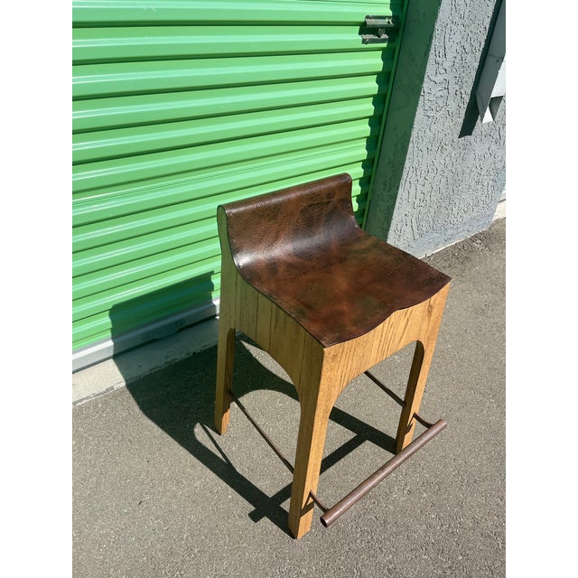 Brown Custom Design Leather + Wood Counter Stool For Sale - Image 8 of 8