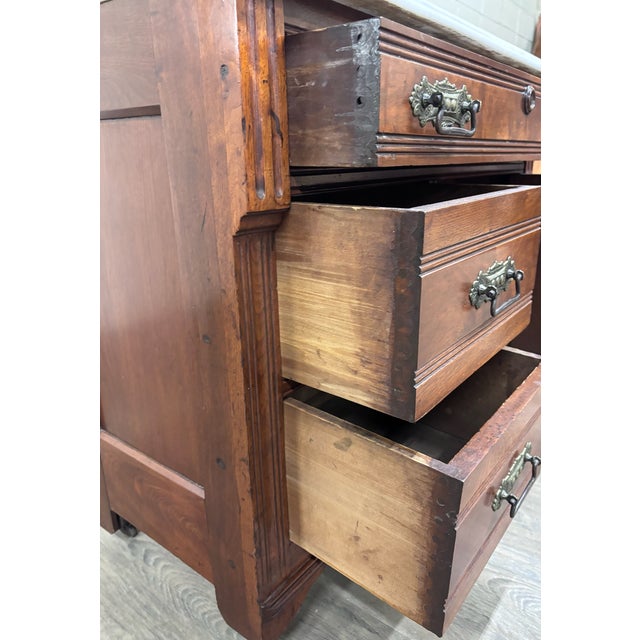 Antique Victorian Eastlake Walnut Marble Top Knapp Joint Washstand For Sale - Image 13 of 15