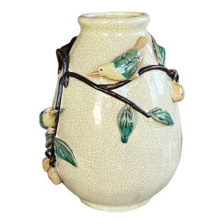 Chinoiserie Famille Jaune Yellow Craquelure Vase With Bird & Olive Branch Motif For Sale