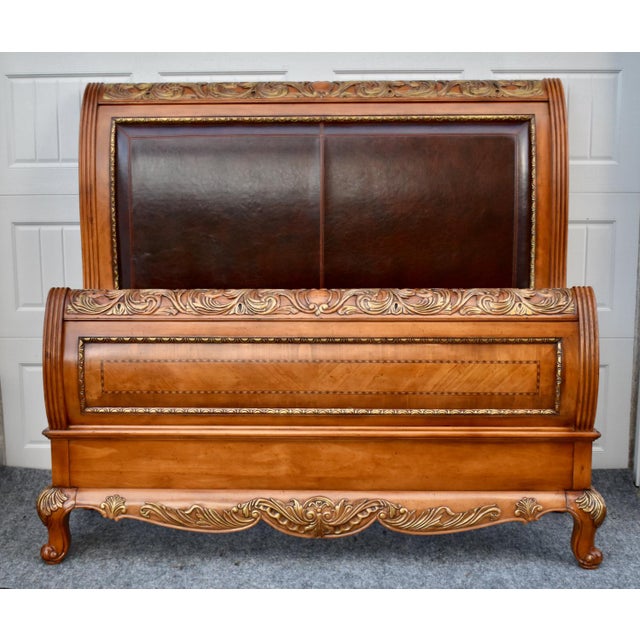Legacy Pine Upholstered Sleigh Bed Carved and Inlaid Ornate Queen Frame For Sale - Image 13 of 18