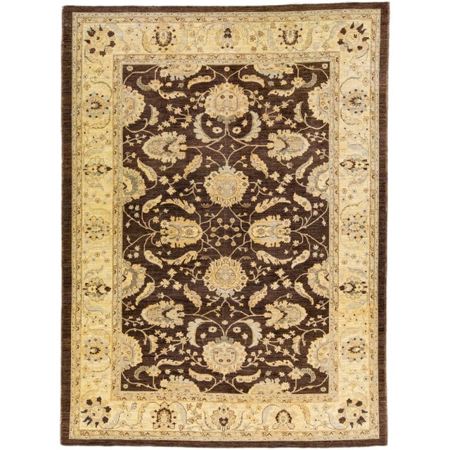 Modern Peshawar Handmade Palmettes Motif Brown Wool Rug For Sale - Image 9 of 9