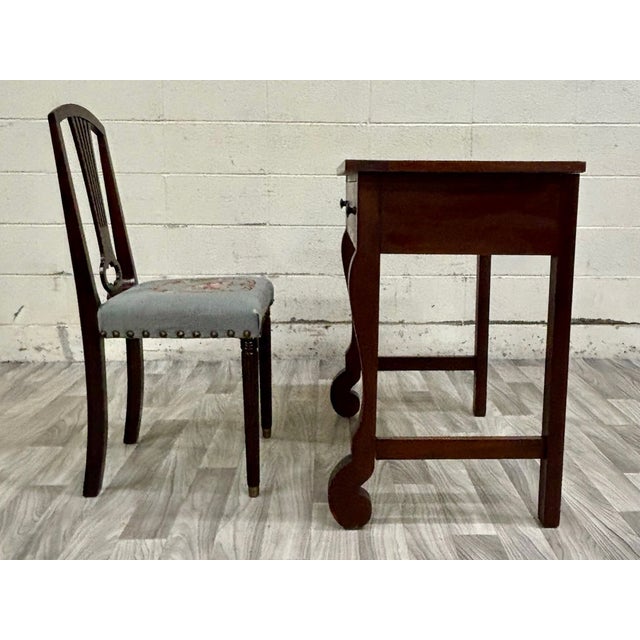 Antique American Empire Mahogany Writing Desk With Lyre Back Needlepoint Chair For Sale - Image 10 of 13