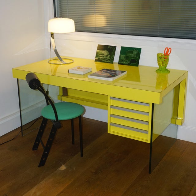 Yellow Veneer Desk with Glass Side Panels, 1980, in Very Good conditions. Designed 1980 to 1989