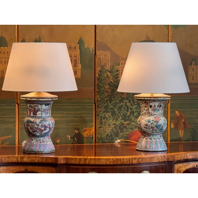 Chinese Near Pair of 19th Century Chinese Export Baluster Form Vases Fashioned Into Lamps For Sale - Image 3 of 12