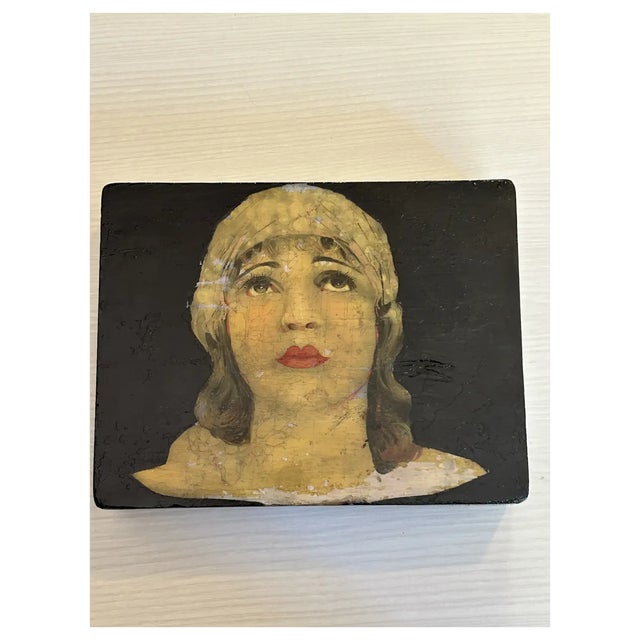 Antique Art Deco original painting box. Her expression is so enchantingly dreamy and you can still see the glittering...