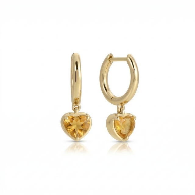 Contemporary Citrine Heart Drop Earrings 925 Silver, Huggies Hoop Earrings, November Birthstone Earrings - A Pair For Sale - Image 3 of 4