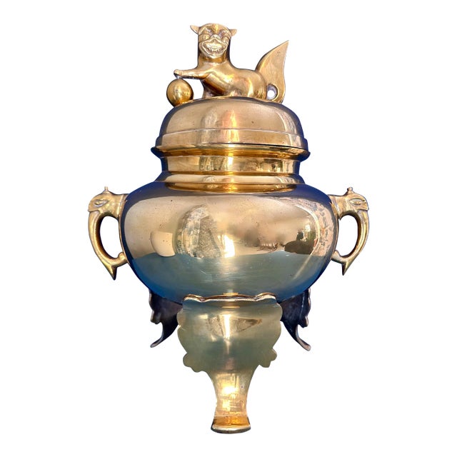 Vintage Brass Foo Dog Urn Censer For Sale