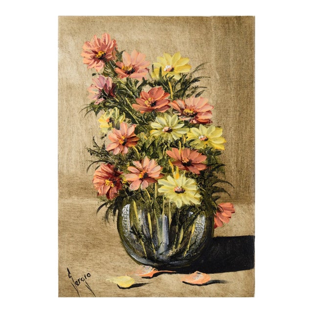 Still Life With Pink and Yellow Flowers in Oil on Canvas For Sale
