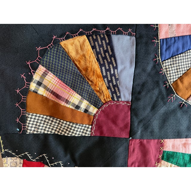1920s Crazy Quilt Fan Pattern With Embroidered Date and the Word Mother 69" X 80" For Sale - Image 12 of 17