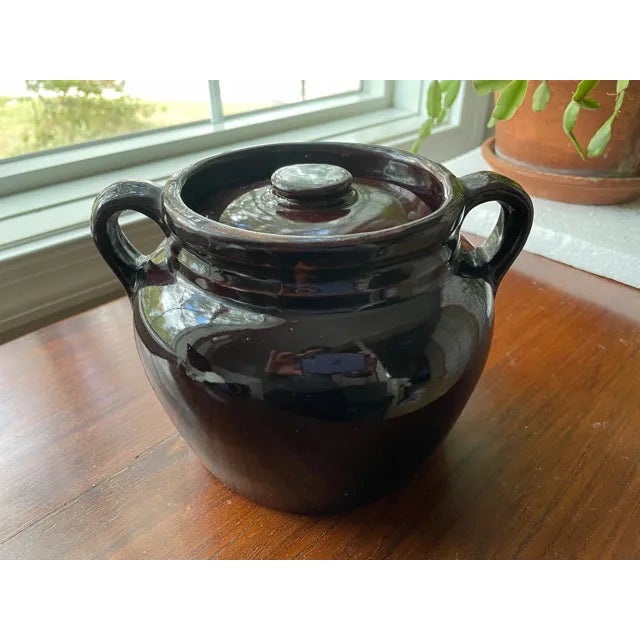 Brown Antique Dark Brown Glazed Stoneware Baked Bean Pot Crock With Lid For Sale - Image 8 of 10