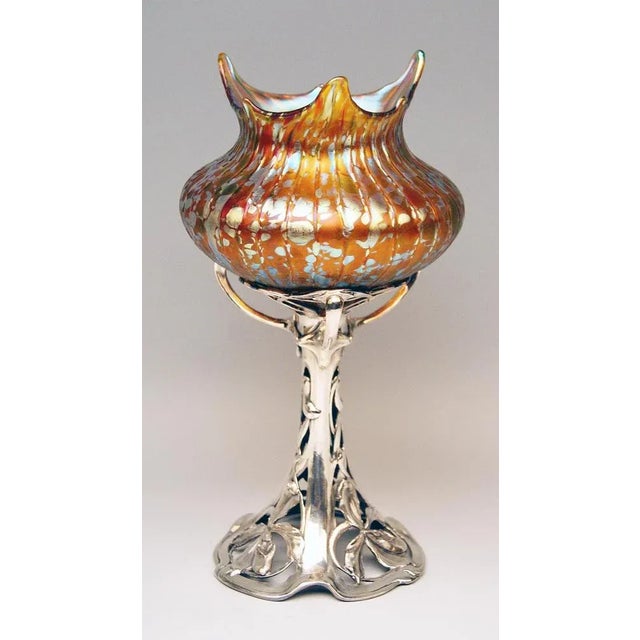 Silver Plated Amber Papillon Iridescent Vase with Pewter Mounting from Loetz, 1890s For Sale - Image 3 of 9