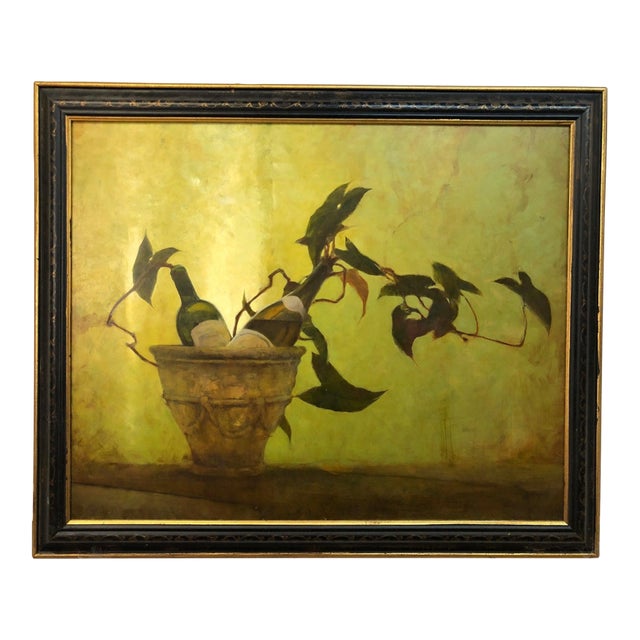 Late 20th Century Still Life With Wine and Plants – Original Oil Painting on Canvas For Sale