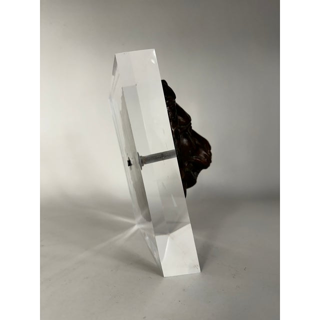Antique zinc lion sculpture on lucite mount. Well patinated lion head re-purposed as room decor.