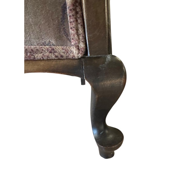 Textile Traditional Queen Anne Style Dark Wood Caned Lounge Chair With Floral Velvet Cushions For Sale - Image 7 of 10
