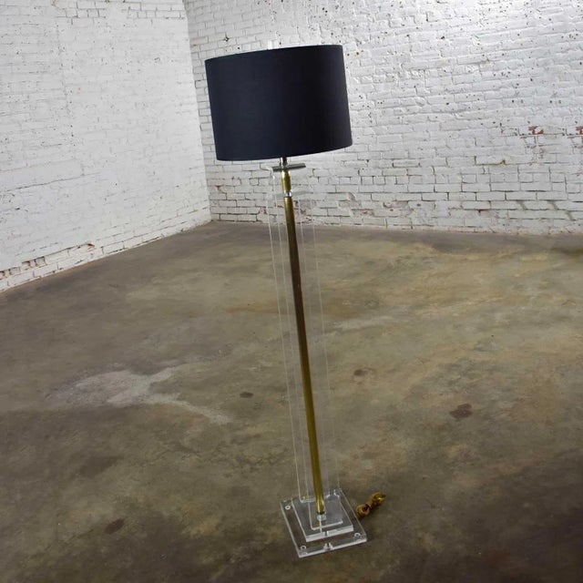 Vintage Mid-Century Modern Art Deco or Hollywood Regency Floor Lamp Lucite and Brass Plate Black Shade For Sale - Image 4 of 17