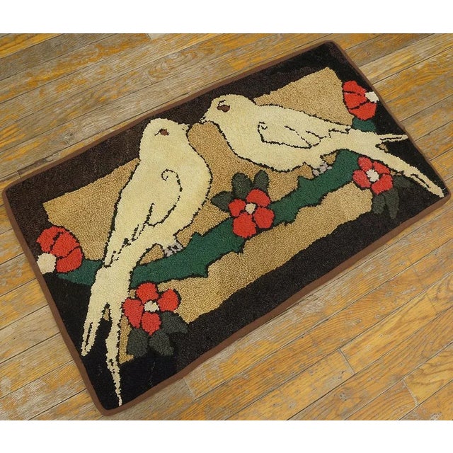 Lovely Romanic Pair of White Doves Perched Green Vine With Red Flowers Antique American Folk Art Hooked Rug For Sale - Image 11 of 11