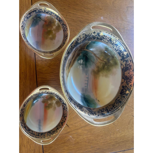 Antique Hand Painted Nippon 3-Piece Serving Set Cobalt Blue Heavy Gold Scenic Landscape M in Wreath Morimura 1910-1921 Châteaucore Grandmillennial For Sale - Image 13 of 14