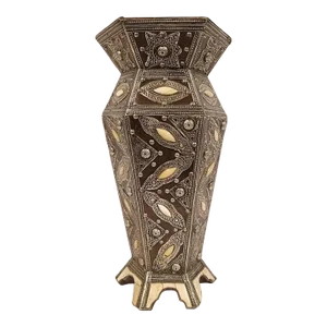 Large 22" High Moroccan Hexagonal Wooden Vase Inlaid With Bone and Metal