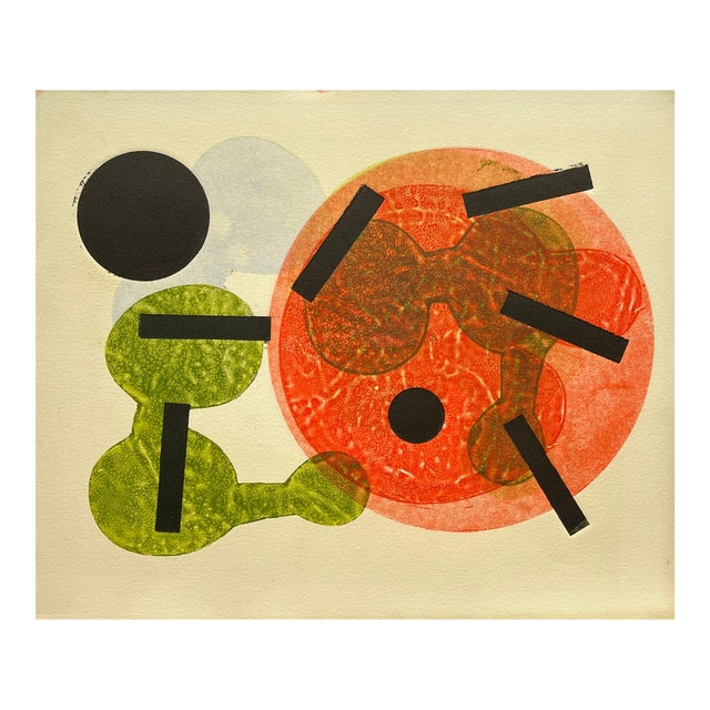 1960s Abstract Orange, Green, Blue, Black Collagraph Ny Artist Myril Adler For Sale