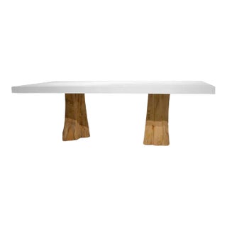 White on Teak Pedestals Outdoor Dining Table For Sale